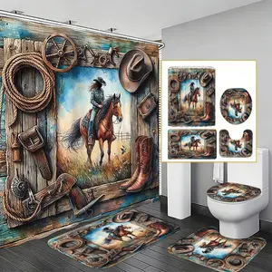 Vintage Western Cowboy Bathroom Set, Waterproof Shower Curtain, Toilet Mat, Rug, Horse Riding Decor, Retro Bath Accessories