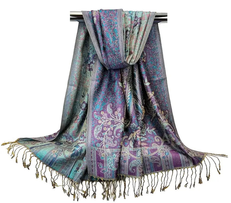 Reversible Floral Pashmina Scarf – Purple & Teal Blue Shawl | Festival Scarf | Bridesmaid, Wedding, Mother’s Day Gift, Rave Outfit Accessory