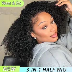 [3 In 1 Half Wig] Cheetah Beauty Afro Kinky Curly Glueless Half Wig Seamless Flip Over Drawstring Wig Wear Go Half Wig Invisible Hairline Glueless Afro Kinky Curly Human Hair Beginner Friendly