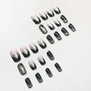 Cross-Border Hot-Selling Black Gold Sweet Cool Medium-Length European Square Nail Art European and American Hot-Selling Detachable Wearable Fake Nail Tips