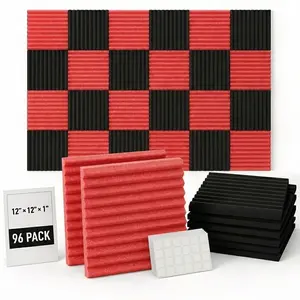 96  Soundproof Foam Panels, 1x12x12 Inch Acoustic Foam Boards, High Density Noise Reduction, Wall Mounting, Studio Wedges（Black and Red）