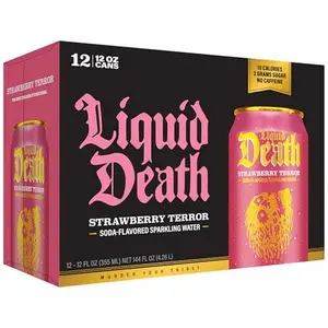 Liquid Death, Strawberry Terror, Soda Flavored Sparkling Water, 12-Pack (12oz Cans), Low Sugar, Huge Flavor & No Artificial Sweeteners