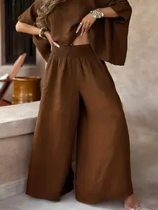 Women's High-Waisted Wide-Leg Pants, Casual Beach Pants, Loose-Fit Elastic Waist Long Trousers, Fashionable All-Season Woven Fabric Casual Wear