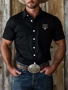 Men's Regular Fit Cowboy Graphic Print Short Sleeve, Casual Comfy Top for Summer, Fashion Men's Clothes for Daily Wear, Menswear, Cowboy Print Shirt