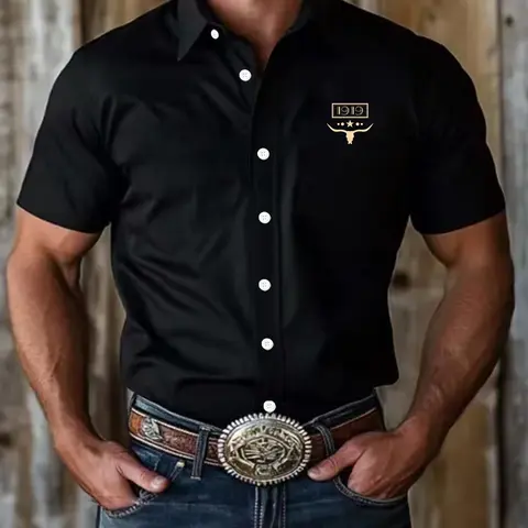 Men's Regular Fit Cowboy Graphic Print Short Sleeve, Casual Comfy Top for Summer, Fashion Men's Clothes for Daily Wear, Menswear, Cowboy Print Shirt, Western Style Shirt, Graphic Shirts