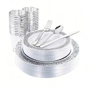 150PCS Silver Plastic Plates, Disposable Silverware & Plastic Silver Cups, Silver Rim Plastic Tableware Include 25 Dinner Plates, 25 Dessert Plates, 25 Tumblers, 25 Forks, 25 Knives, 25 Spoons