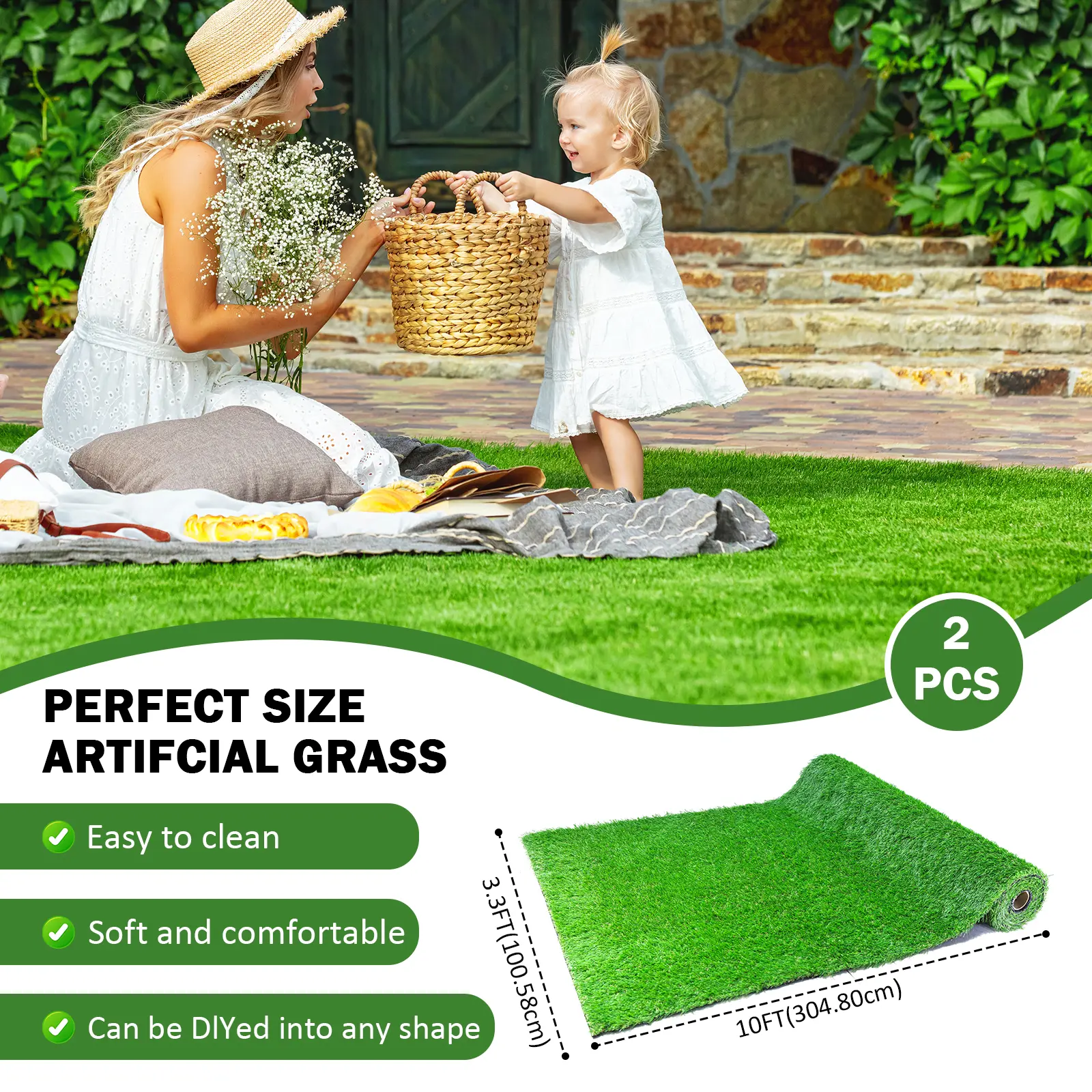2-Pack PE&PP Blend Plastic Artificial Grass Turf Rolls (3.3ft x 10ft) - Rubber, Waterproof, Moisture Resistant, Fire Resistant, Child Safe, Drainage Holes, Easy Installation for Golf Use, Office, Garden