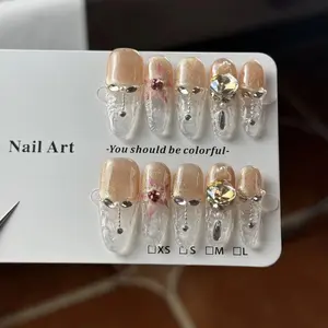 10pcs high-end Pure desire for the icy transparency of the wind, champagne gold, glass cat's eyes, glitter rhinestone, and handmade fake Nails