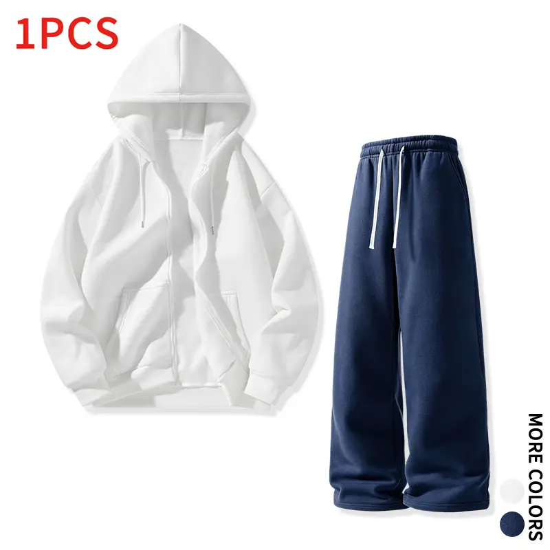 Seasonal Essential Solid Tracksuit Set Zip Hoodie & Wide Leg Sweatpants Men Daily Alternation Spring Autumn Wear Suit
