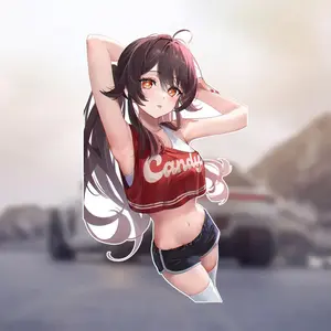 Anime-Style Cartoon Car Stickers - Black Long Hair, Red Tank Top with "Candy" Design