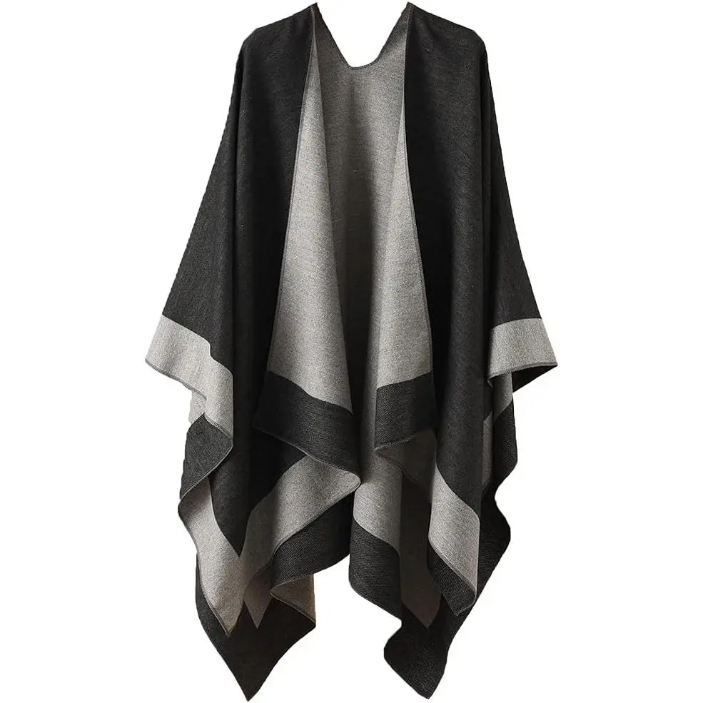 Women's Reversible Open-Front Poncho Cape - Plain Synthetic Warm Blanket Wrap Clothes, Modern Design, Dark Blue/Black Red, Casual One Size for Fall Winter