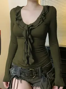 Vintage Patchwork Ruffle Trim Fitted Slimming Long Sleeve T-Shirt Blouse, Women's Casual Fashion Top, Comfortable and Stylish