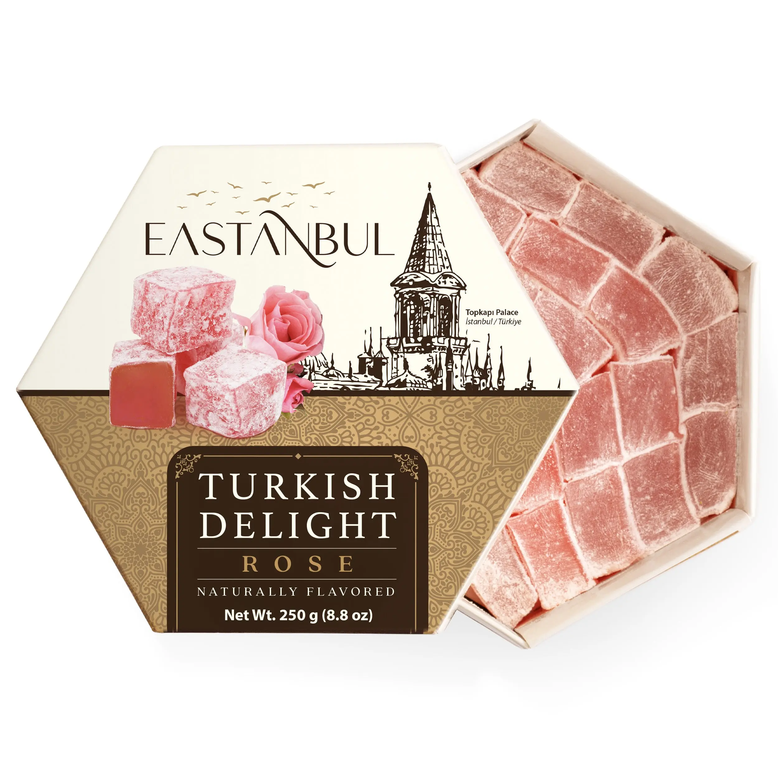Eastanbul Turkish Delight Rose Flavor, 8.8oz Lokum Candy, Floral Dessert, Nut-Free Vegan Turkish Candy Gift Box | Mother’s Day Gift