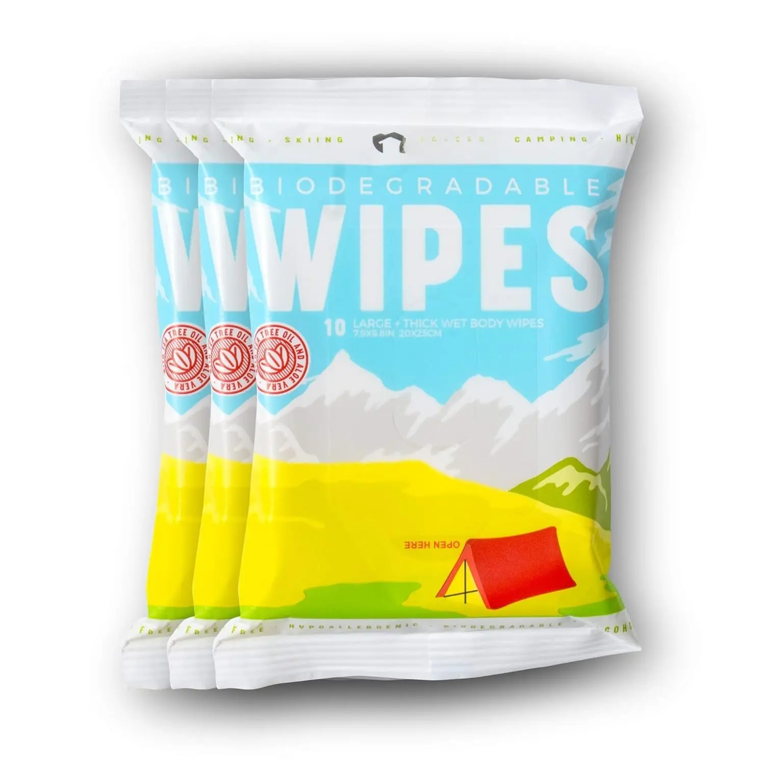 Biodegradable  Wipes with  Tree Oil & Aloe Vera - Refreshing Shower Wipes  for Camping, Hiking,  Workout and Travel (3-Pack, 10 Wipes/Pack)