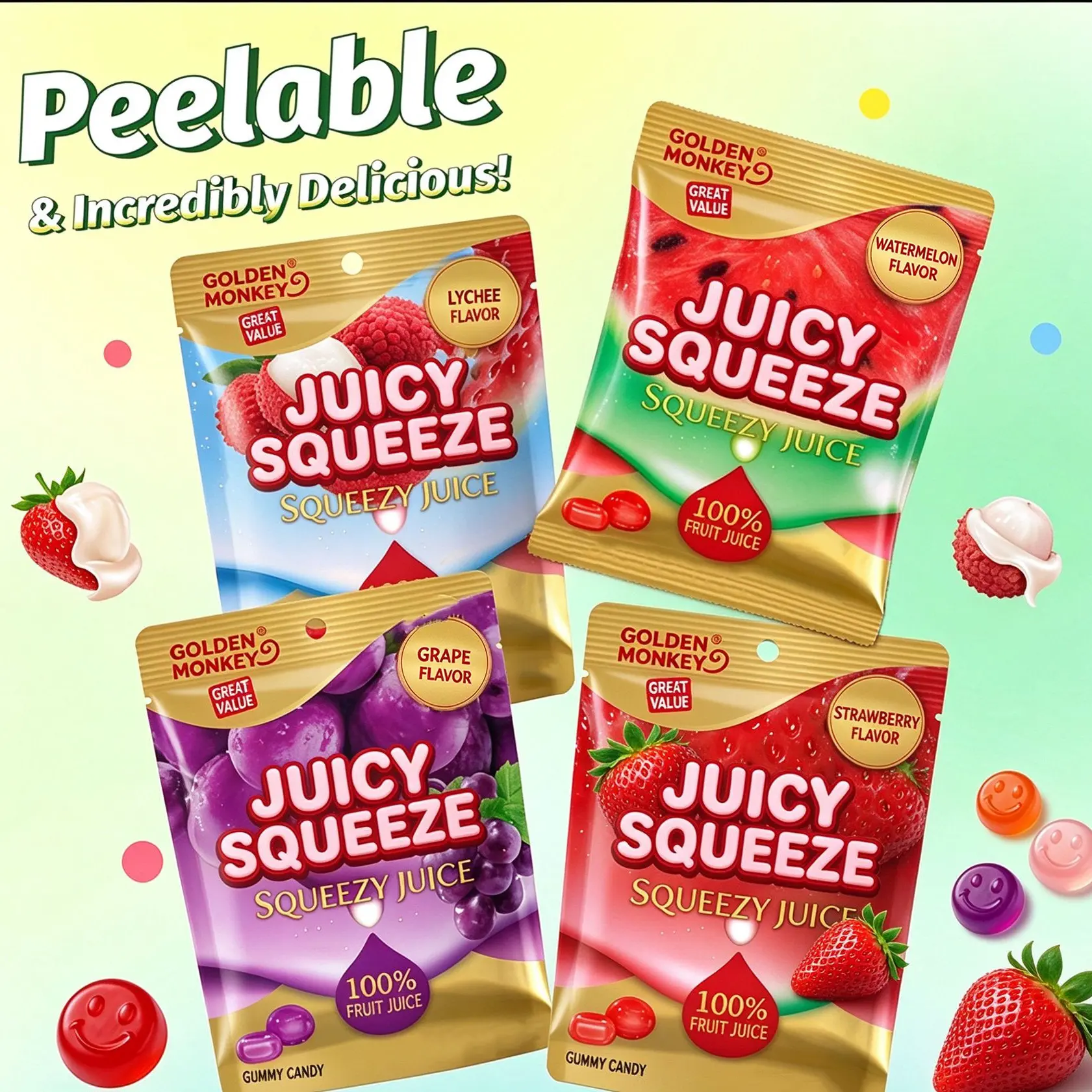 Juicy Squeeze Assorted Filled Gel Candy Lychee Grape Watermelon Strawberry 4 Pouches 33g Each Chewy Gummy with Peelable Center Made with Real Fruit Juice