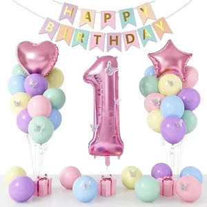 1st Birthday Decoration for Boys Girls, Pastel 1st Birthday Balloon with Number 1 Balloon with Butterfly Stickers, Star Heart Balloons Banner Set for Baby Birthday Party Decor