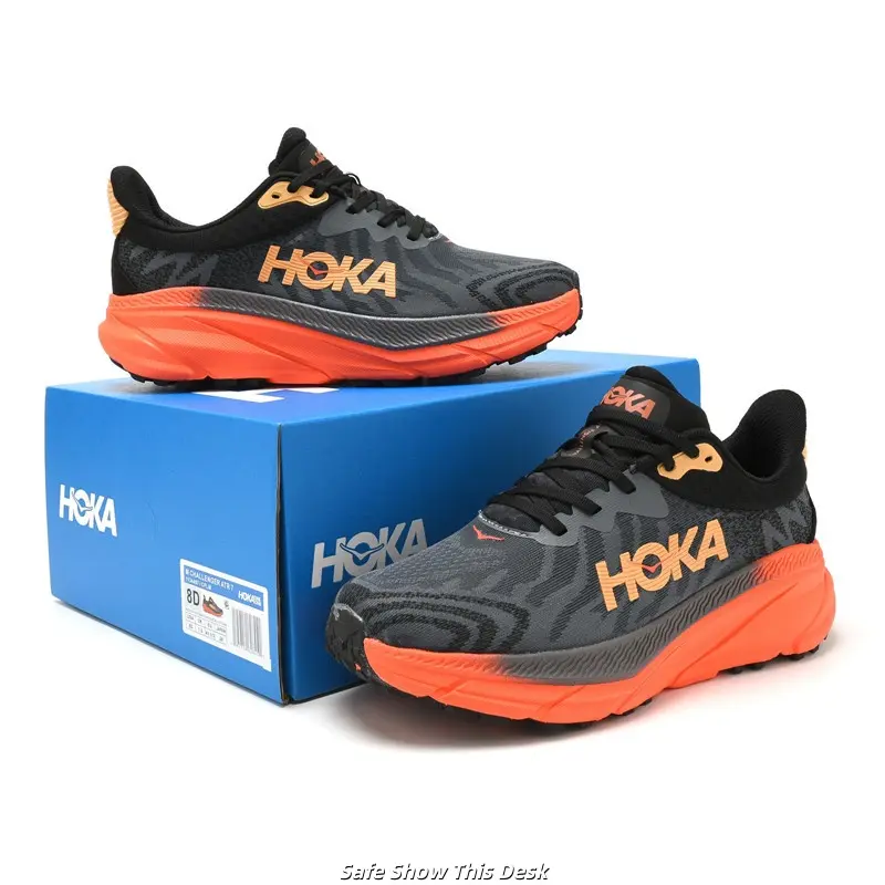 Brand New Sealed Original Box Unisex All Black Mesh Trail Running Sneakers Orange Side Logo Wave Segmented Thick Cushion Sole Orange Non Slip Outdoor Hiking Athletic Walking Daily Sports Trainers