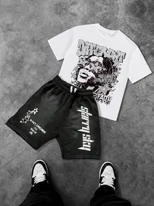 Men's two-piece set: a printed short-sleeved Fitted T-shirt and drawstring shorts set, featuring star, letter, and graphic prints; men's summer clothing.