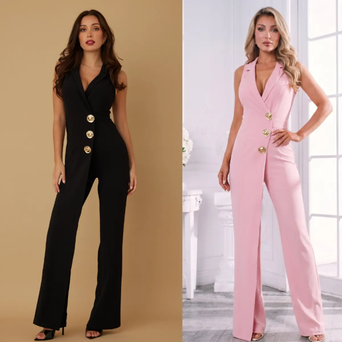 DOUBLE LAYER CRUNCHED GOLD PIECE DETAIL - LONG BLAZER LAYER JUMPSUIT - SLEEVELESS - ONE FLAP LAYER PIECE - ZIPPER ON THE BACK