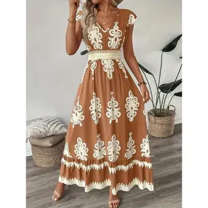 Women'S Floral Print V-Neck A-Line Dress with Ruffled Cap Sleeves and Cinched Waist - Spring/Summer Collection, Lightweight Polyester, Perfect for Casual or Vacation Wear