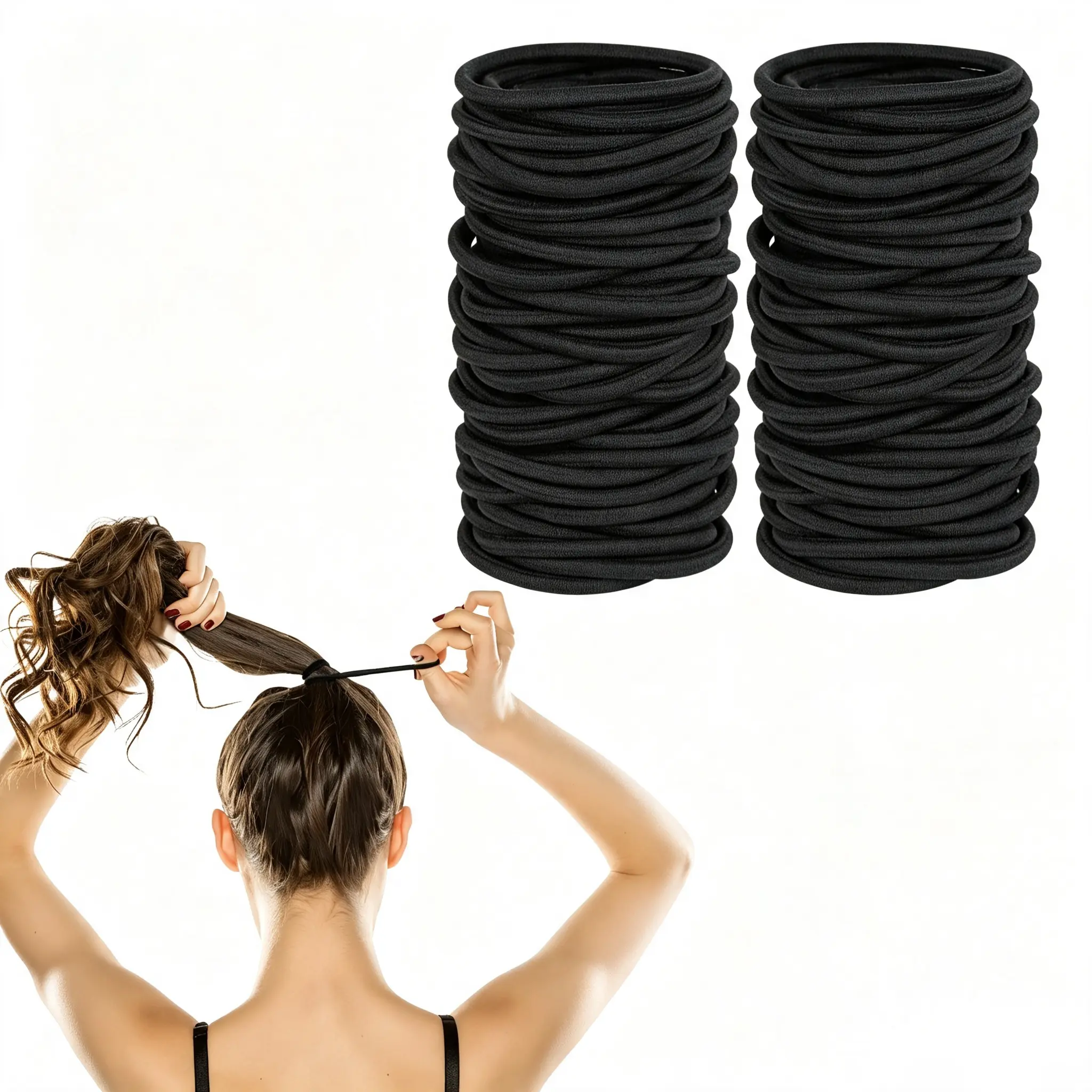 120PCS Nylon Solid Color 4mm Tie-Band Hairbands & Scrunchies Variety Pack - High Stretch Durable Everyday Hair Accessories for Thick Hair
