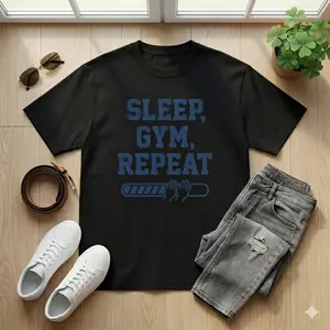 Heavyweight Cotton T-Shirt Retro Gym Graphic Oversized Streetwear Tee Sleep Gym Repeat Graphic Top Men's Women's Casual Loose Fit Workout Apparel 2026 Aesthetic Short Sleeve