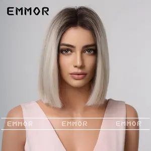 Emmor Factory-Direct Synthetic Full Machine Wig, New Cross-Border Middle-Parted Gray Short Straight Bob Wig