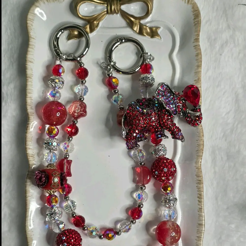 Red Rhinestone Elephant Purse Charm, Decorative Bag Chain Accessory for Handbags