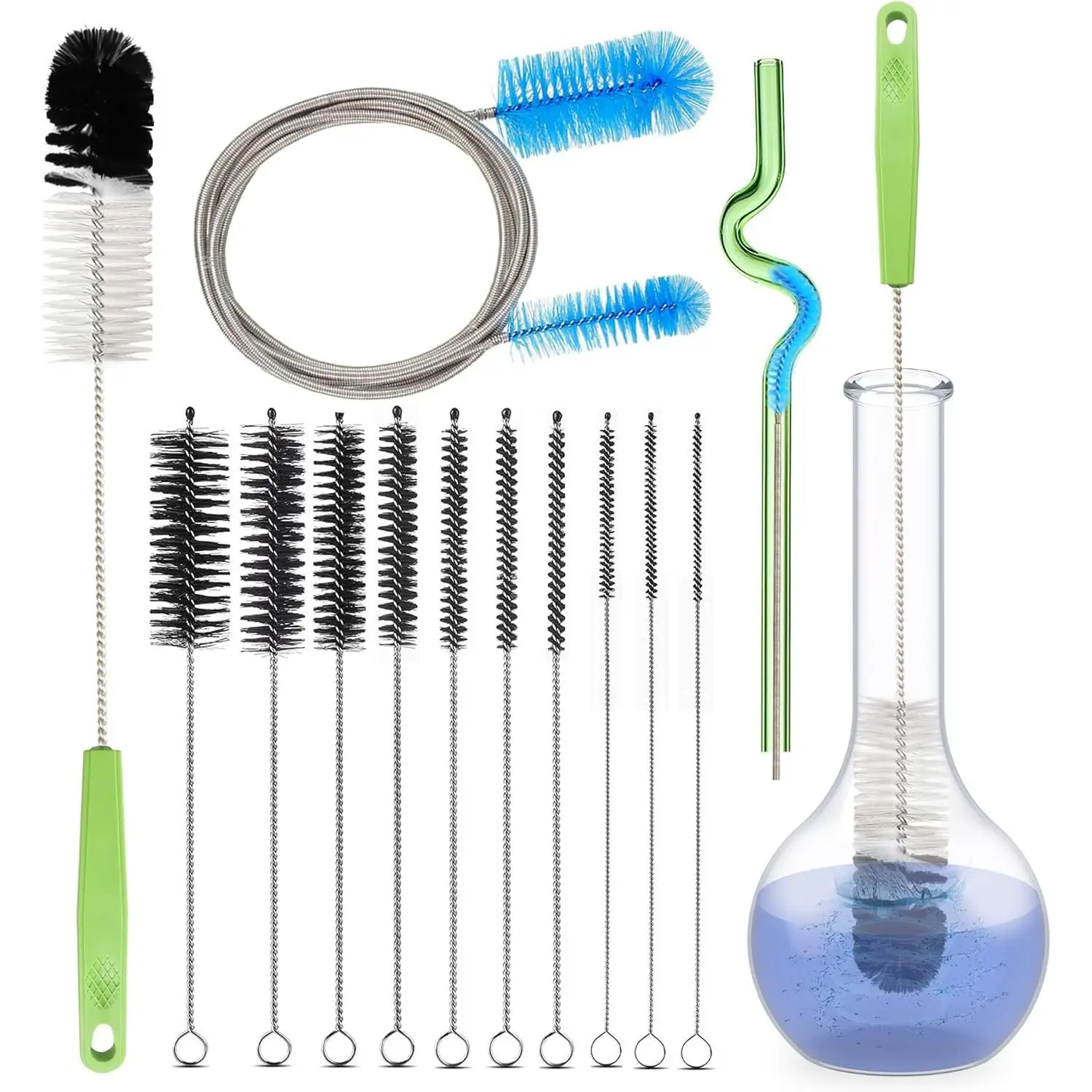 Set of 12 Tube Pipe Cleaners Kit - for Cleaning Narrow  Bottle, Curved Glass Tube, Hard-to-Reach Crevices,17" Long Handle Brush,8.2" Multi-Diameters Brushes,35" Flexible Dual- Cleaner