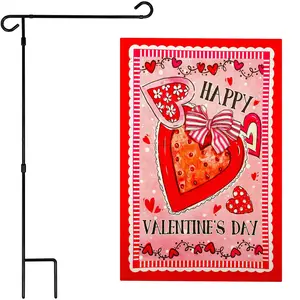 G128 Combo Pack: Garden Flag Stand 36x16IN & Garden Flag Happy Valentine's Day Heart Cookie Printed 12x18IN Double Sided