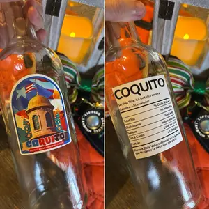 Coquito Bottle Label & Sticker Combo - 12 Festive Tropical Designs & 12 Nutrition Facts Labels for Holiday Gifts - Glossy Waterproof Vinyl - Perfect for Decorating Coquito Bottles