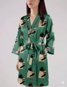 Black Cat Wine Print Bathrobe, Cute Kitty Sleepwear, Robe Satin Top, Elastic Waist Robe, Outfit Gift