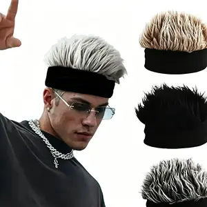 Men's Funky Faux Fur Knit Beanie Hat - Hip-Hop Style, Straight Hair Design, Brimless, Ideal for Parties & Cosplay, Black & White Party Accessory