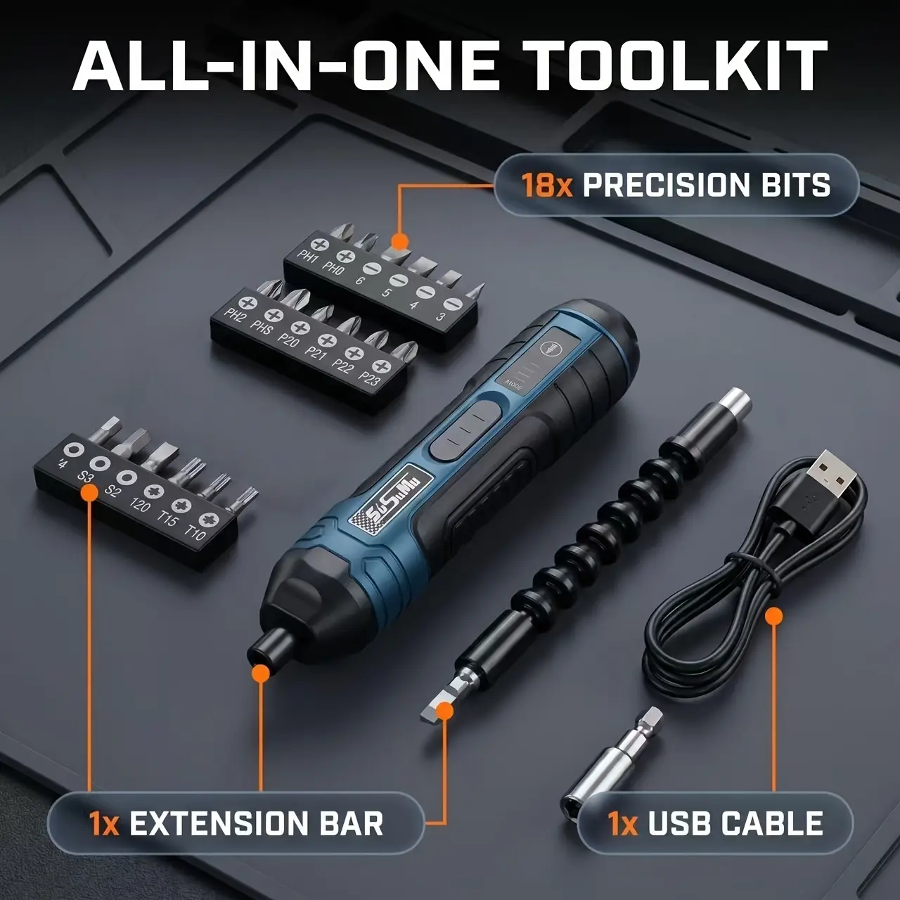 21pc cordless electric screwdriver with USB power supply, rechargeable electric screwdriver, automatic screwdriver, suitable for household repairs, multi-head design, compact design, ideal for home installation, electrician and carpenter essentials.