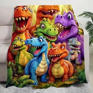 Cute Smiling Dinosaurs Hd Digital Print Flannel, Lightweight Flannel Throw Blanket, Cute Smiling Dinosaurs Hd Digital Print, Contemporary Animal Theme All-Season