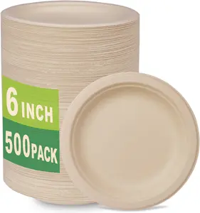 500 Count 6 Small Compostable Dessert Plates, Heavy-duty Unbleached Biodegradable Bagasse and  fiber Paper Plates