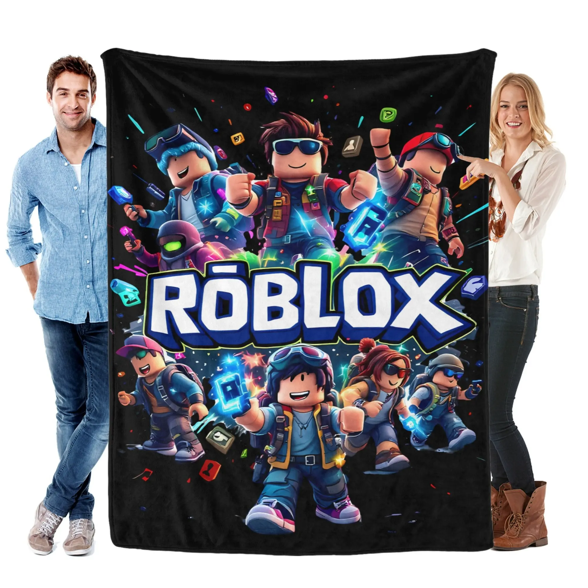 Roblox Neon Characters Printed Soft Flannel Throw Blanket - Black Background, Modern Multi-Size, Lightweight Gaming Fun Blanket for Couch, Camping - Kid Game-Lover Collectible Gift