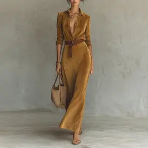 Women’s Autumn/Winter Long Shirt Dress: Suede Fabric, Stylish Elegance with Waist Belt