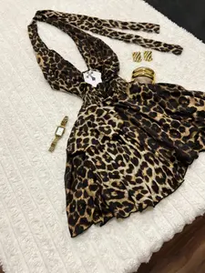 Vintage Y2K Leopard Print Halter Dress, Slim, Silver Color Cross Detail, Sexy Festival, Perfect for Music Festivals