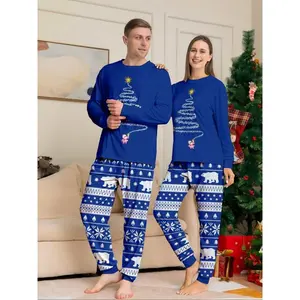 Couple Pajamas Christmas Holiday Home Wear Set, Santa Fireworks Tree Print Top & Floral Pants, Casual Fitted Thin Fabric, Fall Winter