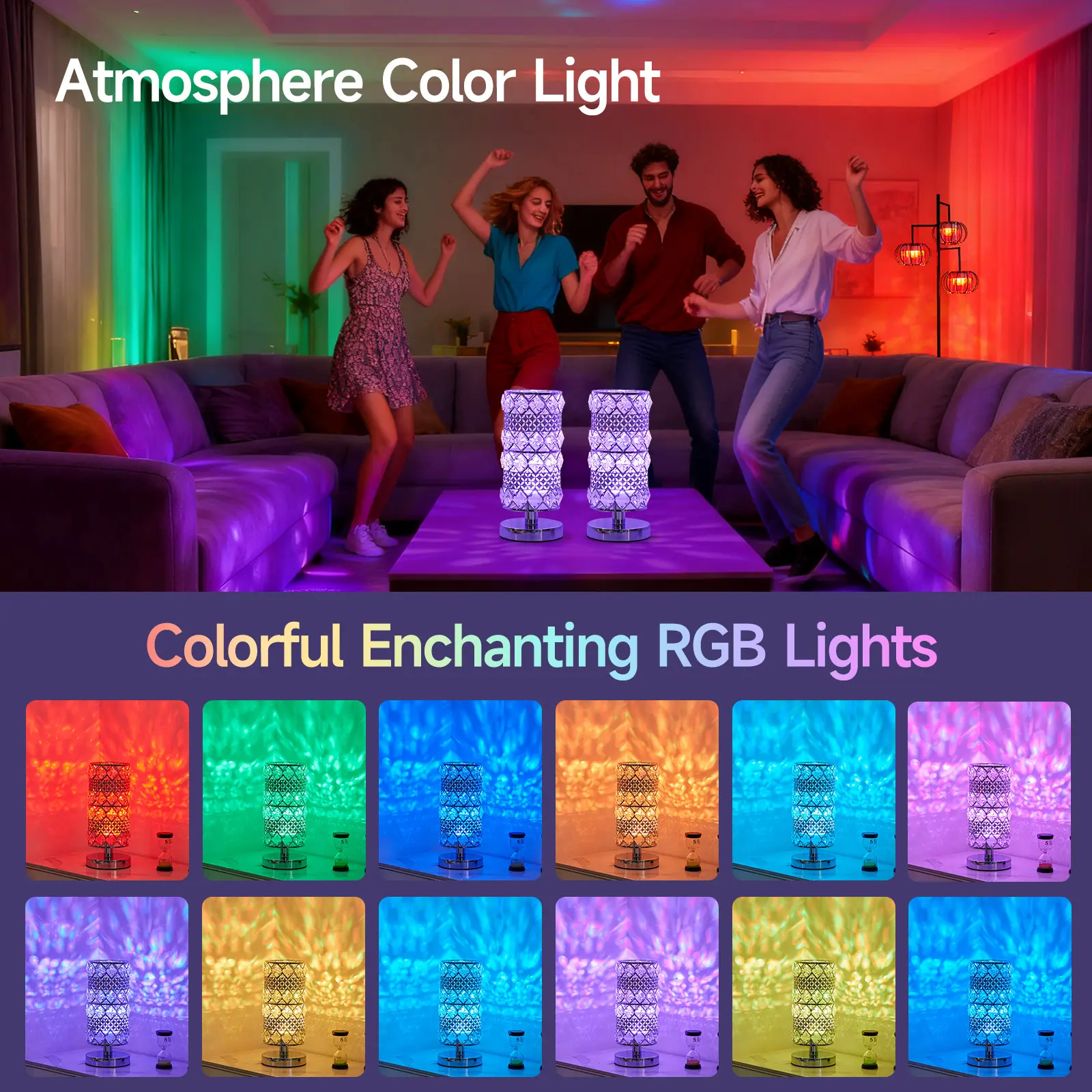Aesthetic Crystal Table Lamp - Wireless Rechargeable LED Bedside Lamp with RGB Lighting, Remote Control & Adjustable Brightness, Decorative Bedroom Lamp for Room Decor, Desk & Gift
