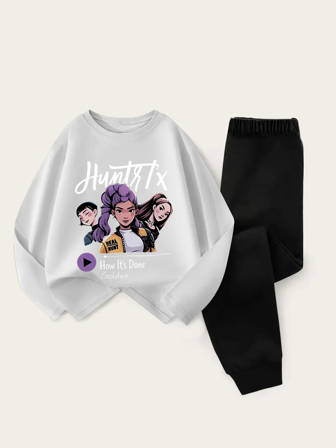 Girls' Kpop Hunter Series Long Sleeve T-Shirt & Casual Sweatpants Set, Spring & Fall Fashion, Fitted Style, Fruit Print Design