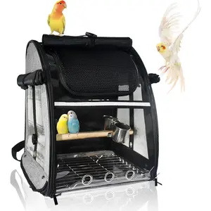 Bird Carrier Bag, Bird Travel Cage with Standing Perch and Indestructible Stainless Steel Mesh, Protable Transparent Breathable Carrier with Feeder Cups for Small Birds Parrot Parakeet, Grey