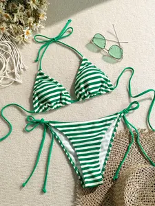 Women's Two-Piece Swimsuit Set, Vacation Beach Wear, Comfortable Slim-Fit Striped Triangle Bikini, Ideal for Pool Parties