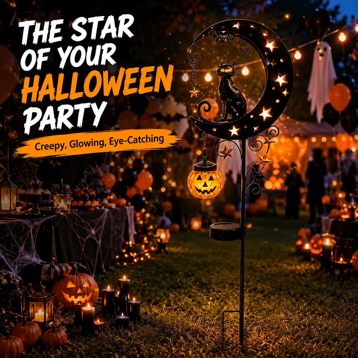 Solar Halloween Garden Stake Light, Black Cat Crescent Moon & Pumpkin Lantern Outdoor Decor, Waterproof LED Yard Lights with Auto On/Off, Halloween Decorations for Lawn, Patio & Pathway