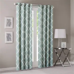 212 MAIN Madison Park Saratoga Single Panel Grommet Top Curtain - Seafoam, 95 in, Modern Geometric Scroll Basket Weave Fretwork Print, Polyester Blend Fabric