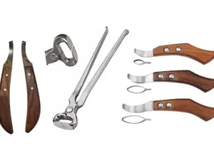 Hoof Nipper 14" and Farrier Hoof De Knives & Loop Knives Hoof Knife Set – Professional Farrier Hoof Trimming Kit for Horses, Sharp Carbon Steel Blades & Ergonomic Wooden Handles