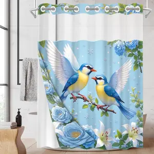 1PC/4PCS 2D Flat Printing Spring Blue and White Birds and Flowers Patterned shower curtain, home bathroom decor, Bathroom Decoration Accessories, shower curtain set with 12 hooks, non-slip bathroom rug, U-shaped toilet seat cover, toilet seat mat