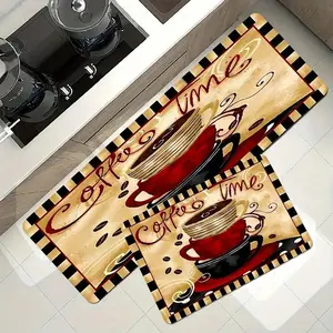 1/2 pcs Brown Coffee Kitchen Mat - Non-Slip, Quick-Drying Polyester Floor Mats Perfect For Indoor/Outdoor Entryways, Laundry Rooms, And Bathrooms, Kitchen Floor Mat Set |     Coffee-Themed Decor |     Polyester Non-Slip Mats, Kitchen Decor And Accessories