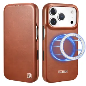 Genuine leather flip case for iPhone 17 Pro, compatible with MagSafe, features shockproof military-grade protection and an RFID card slot.